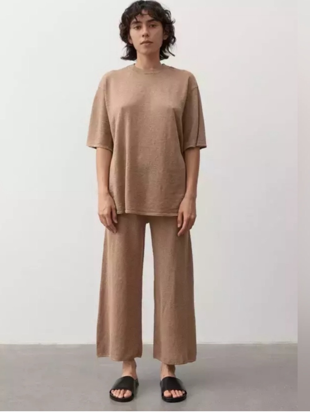 St. Agni Knit Wide Leg Lounge Linen Blend Cropped Pant In Beige Sand Color Sz XS